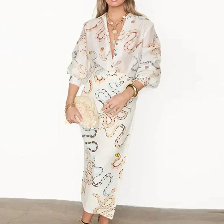 Snake Print Long Sleeve Shirt Split Skirt 2 Pcs Set Women Single Breasted Loose Lapel Short Dress Set Summer Chic Female Suits