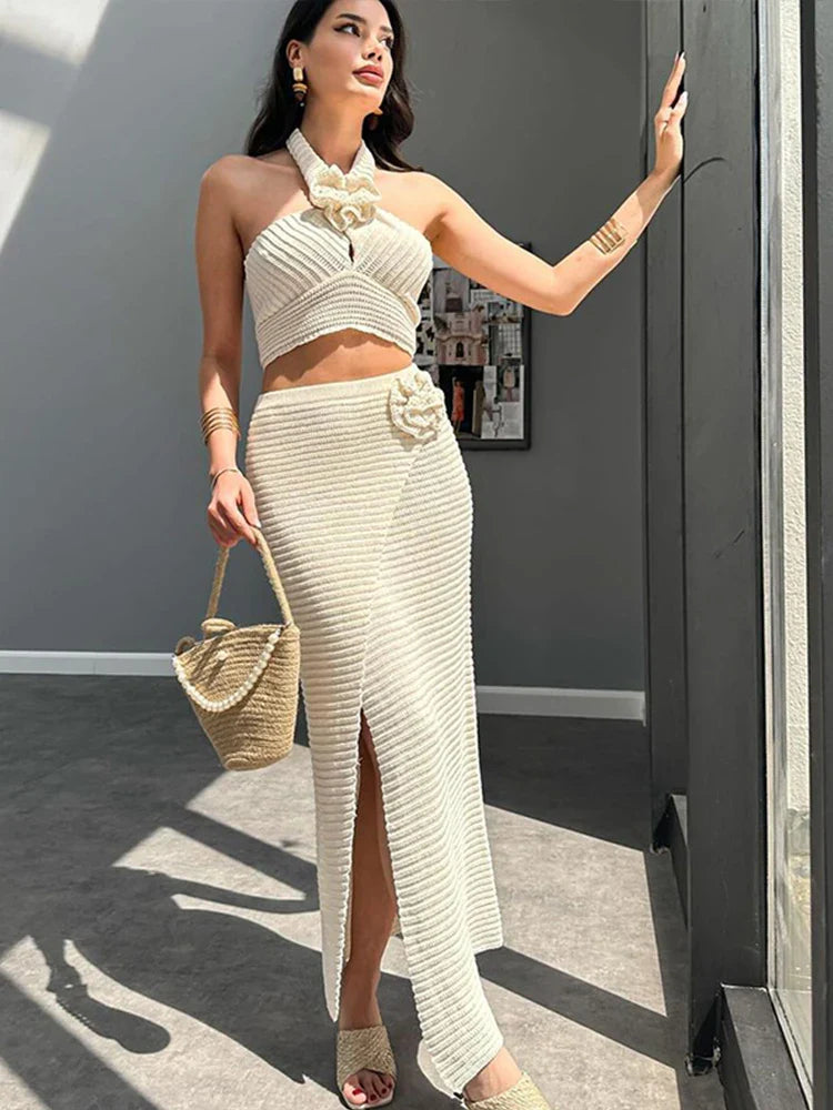 Holidays 3D Flower Knit Halter Vest Skirt Sets Women Sexy Hollow Out Top Elastic Split Skirts Summer Lady Beach Outfits