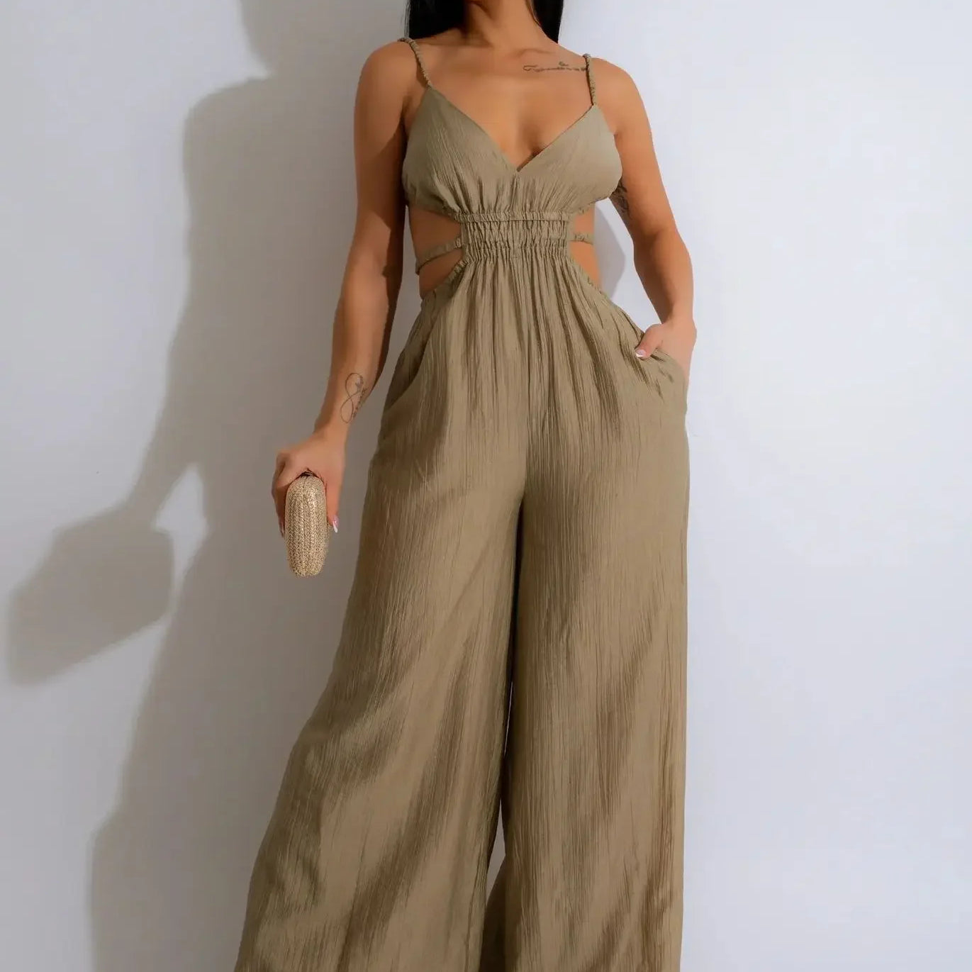 Women Sleeveless Strap V-neck Backless Wide Leg Long Jumpsuits 2025 Summer Beach Night Club Street Sexy Outfit Rompers Dark khaki