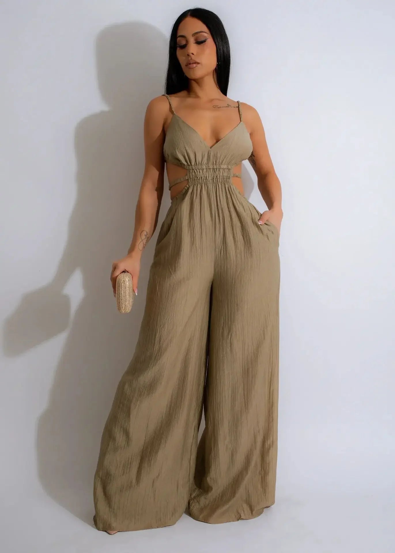 Women Sleeveless Strap V-neck Backless Wide Leg Long Jumpsuits 2025 Summer Beach Night Club Street Sexy Outfit Rompers Dark khaki