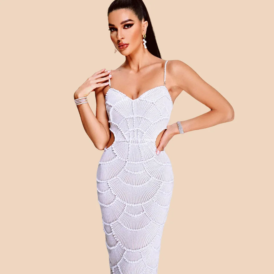 STOCK Shining Sequins Beading Hollow Out Spaghetti Strap Long Dress Woman Birthday Party Dress Sweet Dateing Outfit