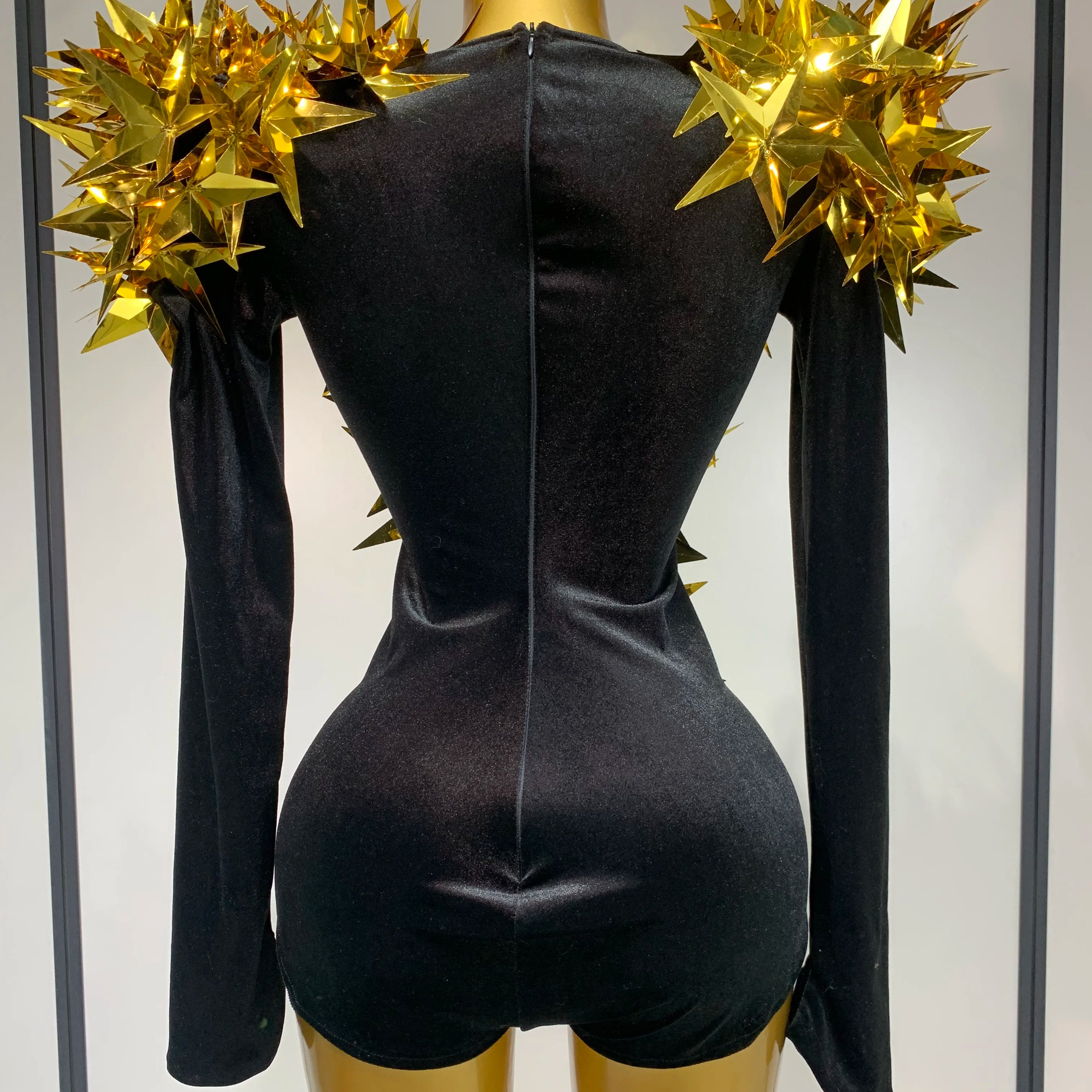 Women Sparkly Gold Rhinestone Black Velvet Long Sleeve Bodysuit Evening Party Club Gala Hosts Night Club Bar Stage Costumes