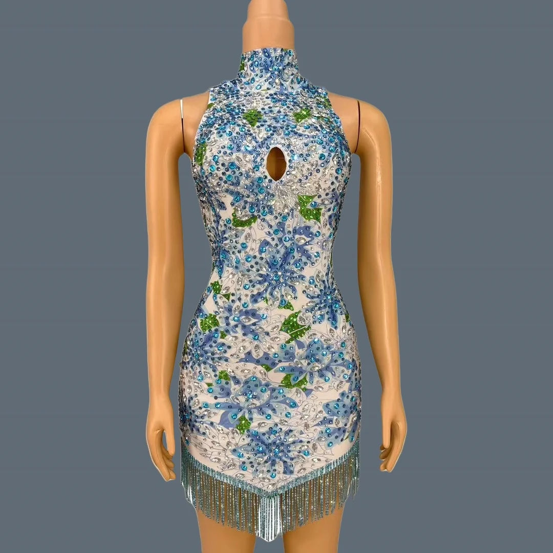 NEW Cheongsam Type Short Dress Sparkly Rhinestone Printing Tassel Elastic Mini Dress for Women Photo Shoot Sexy Dress Lancaihe as shown