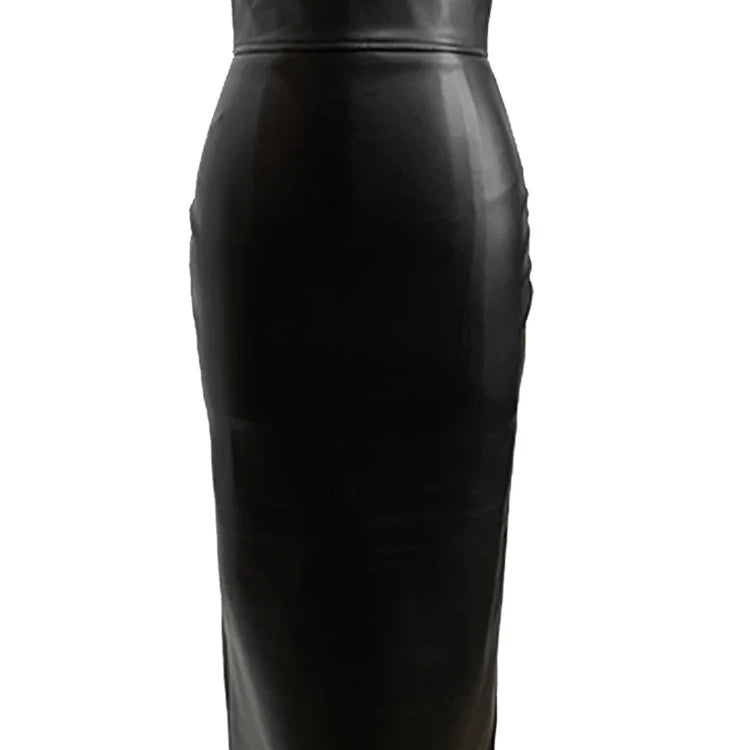 Lautaro Spring Midi Black Soft Pu Leather Pencil Skirt Women with Back Slit Belt High Waist Long Office Skirts Fashion 2022