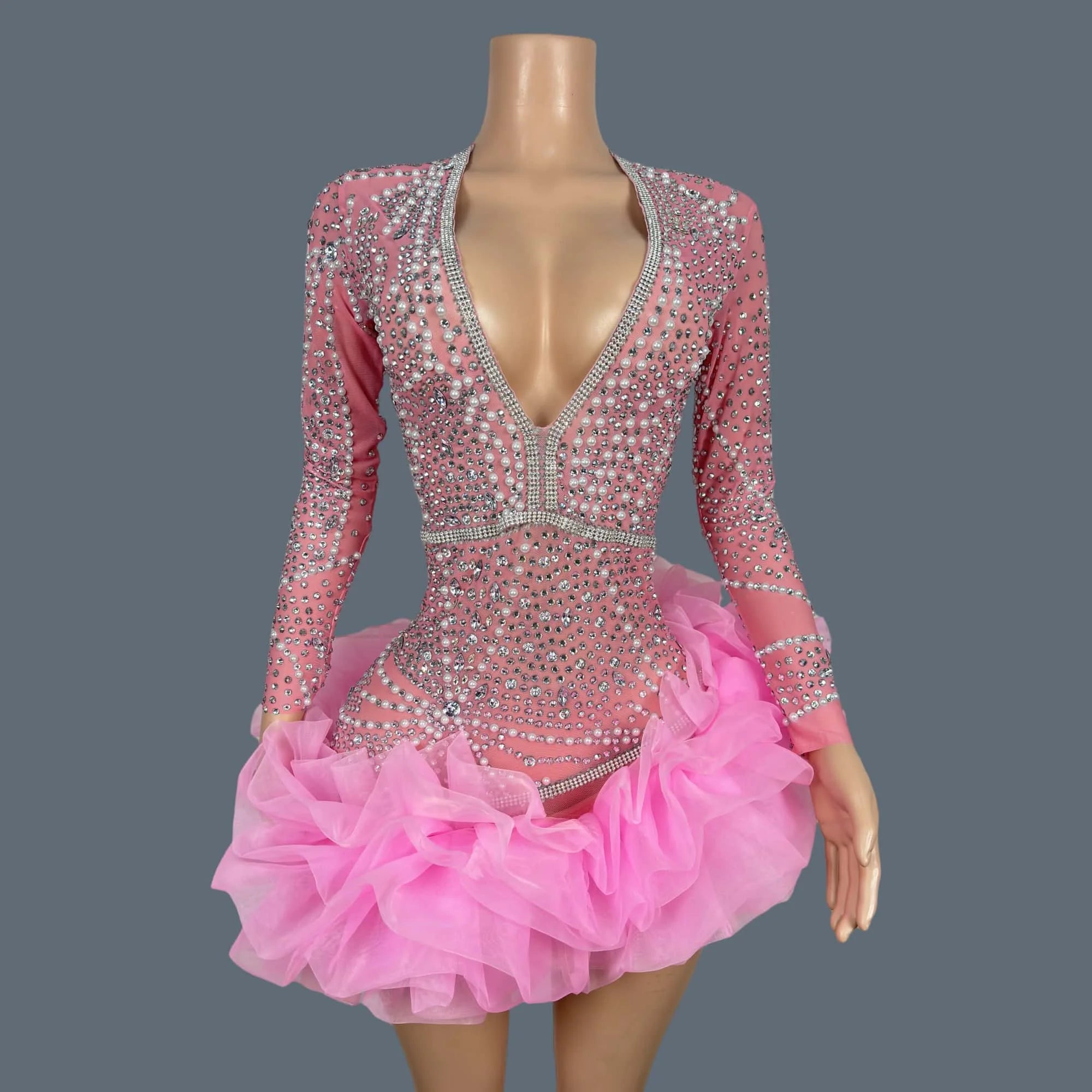 Sparkly Rhinestone White Pearls High-end Short Dress Sexy Women Deep V Neck tutu Mini Dress Nightclub Party Dress-up Outfit Babi Pink