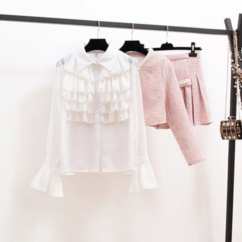 Women Autumn Winter 3 Piece Sets Lady Fashion Elegant Slim Coat Skirt Shirt Three-piece Suit Tweed Sets