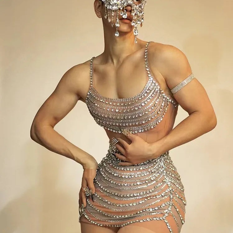 Celebrity Women Sexy U Neck Crystal Diamonds Mesh Mini Dress Birthday Party Costume Bar Nightclub Stage Performance Outfit