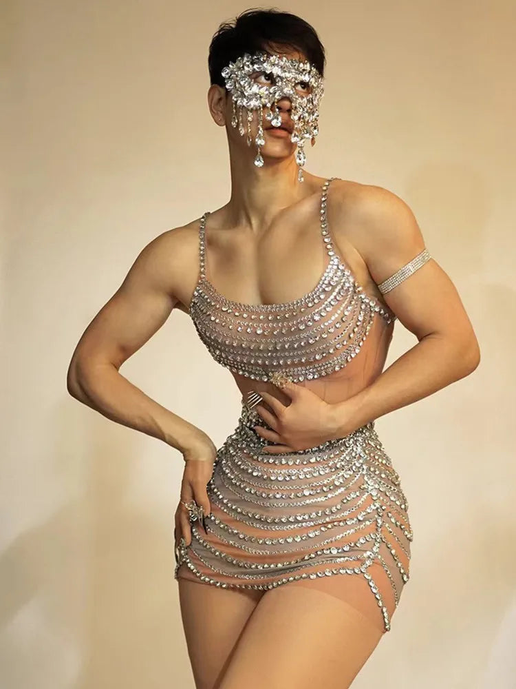 Celebrity Women Sexy U Neck Crystal Diamonds Mesh Mini Dress Birthday Party Costume Bar Nightclub Stage Performance Outfit