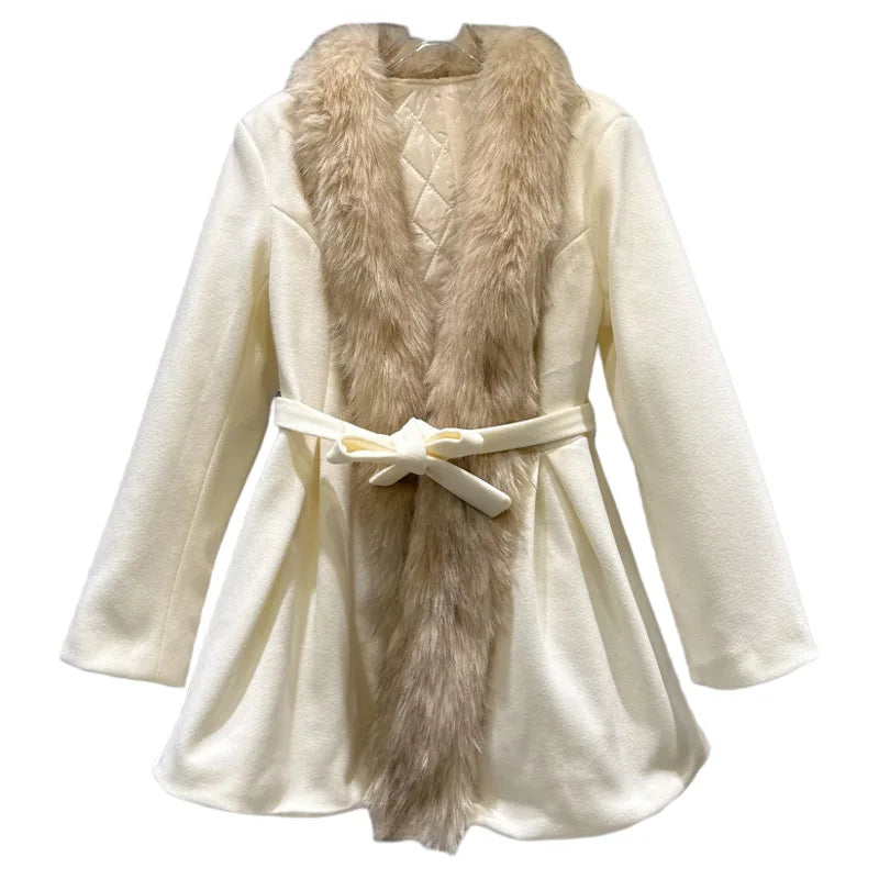 Winter New Fashion Fur Collar Belt Woolen Quilted Trench Coat For Women Elegant Warm Windbreaker Female 11A07810