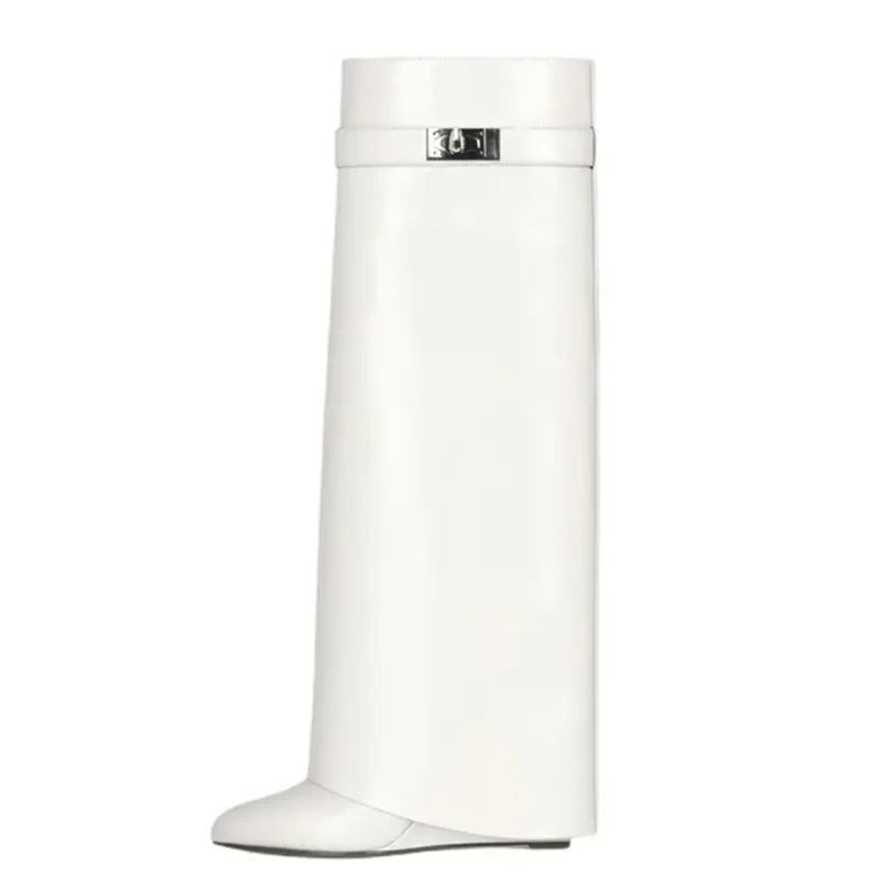 Shark Lock Women Boots Brand Design Genuine Leather Slip-on Knee High Boots For Woman Motorcycle Botas Mujer Fashion Wedge Shoes white