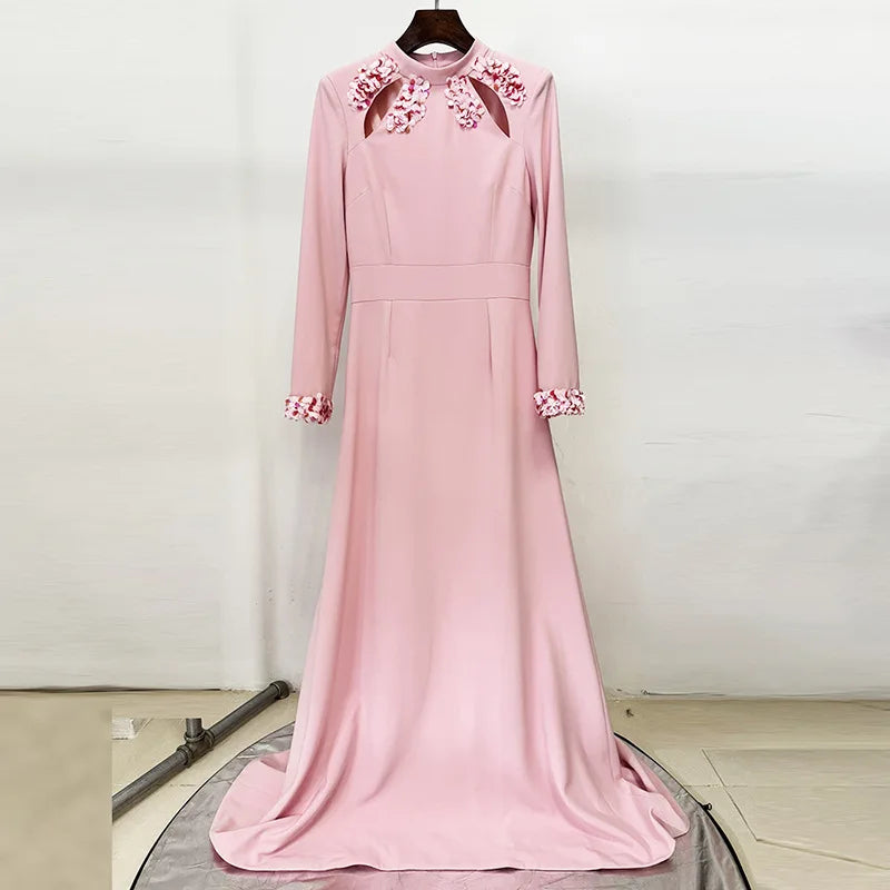 Solid Slimming Spliced Sequins Elegant Dresses for Women High Neck Long Sleeves Hollow Out Long Dress Female New PINK
