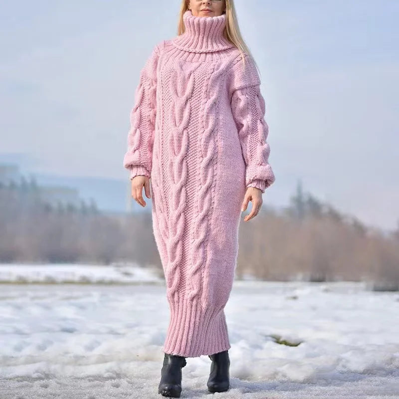 Autumn Winter Solid Color Turtleneck Pullover Women Twisted Loose Knitted Sweater Long Dress Sweater For Female Oversize Pink LYQ273
