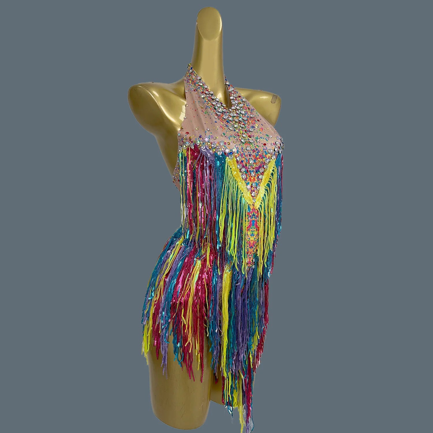 Colorful Tassel Sleeveless Bodysuit Streamer Theme Party Wear Hot Women Cheerleader Rhinestone Sequins Spandex Bodysuit Xinwucai