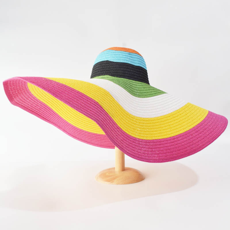 Summer 70cm Large Wide Brim Sun Hats For Women Oversized Beach Hat Foldable Travel Straw Hat Lady UV Protection Sun Shade Hat multi 54-57cm