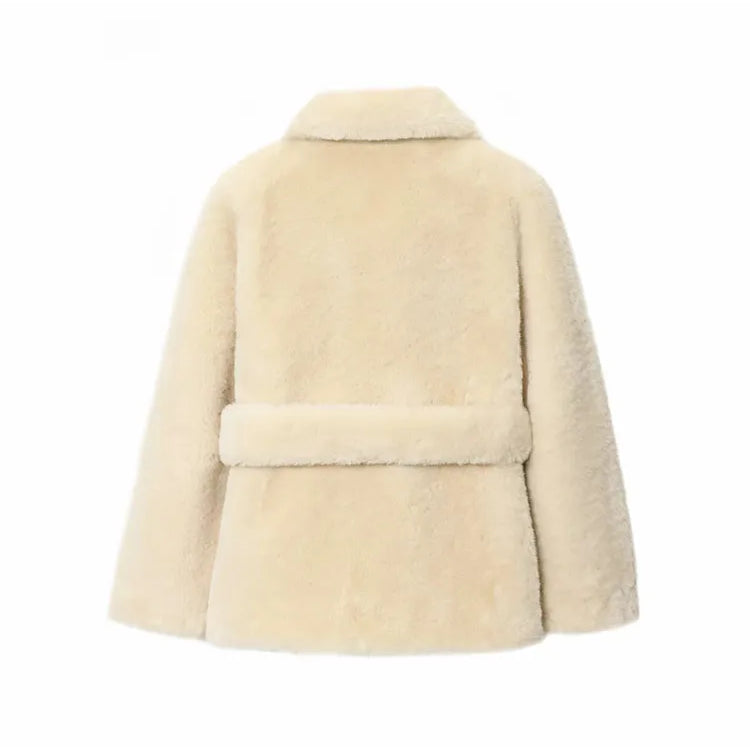 Women Thicken Faux Fur Coats For Autumn Winter Warm Long Sleeve Turn Down Collar Coats Chic New Belt Loose Jacket Street Tops