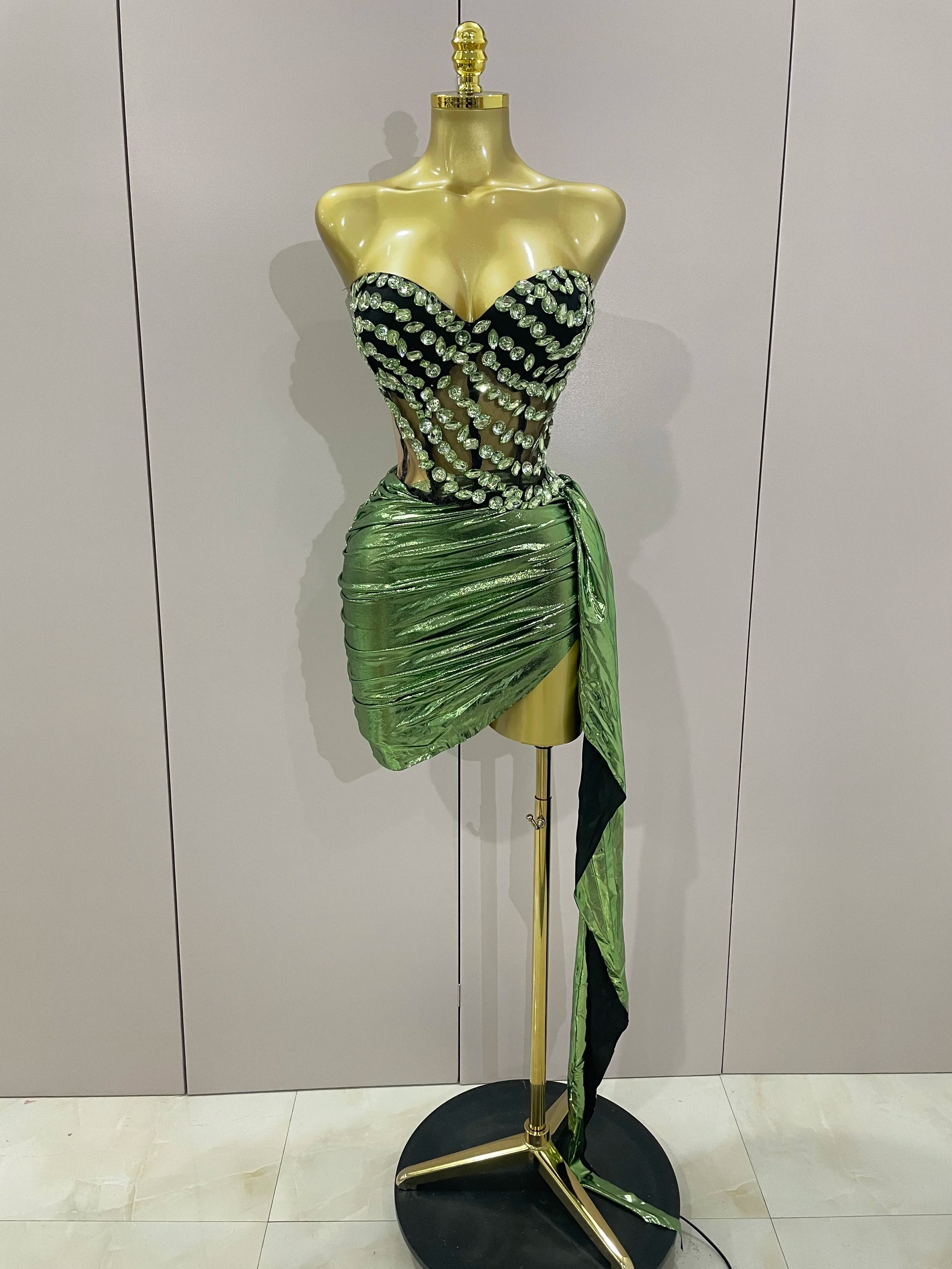 Sparkly Red Diamonds Two Piece Set Sexy Strapless Backless Women Outfit Evening Party Nightclub Stage Performance Dance Costume