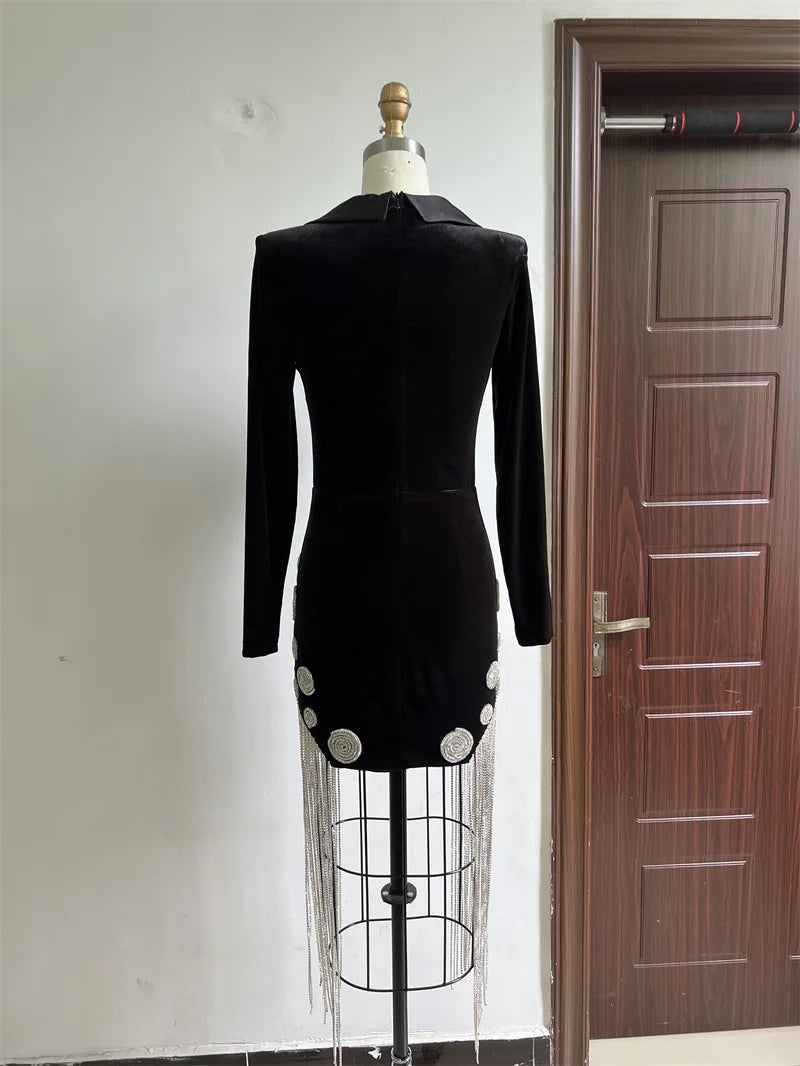 2025 Luxury Diamonds Tassel Sexy Deep V Notched Black Velvet Dress Woman Evening Party Vestido Celebrate Club Party Outfit