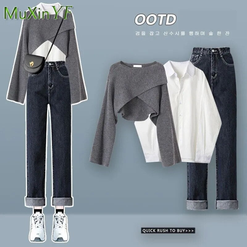 Women's Autumn Winter New Suit 2024 Fashion Knit Cross Sweater+Shirt+Jeans Three Piece Korean Elegant Denim Pants Matching Set