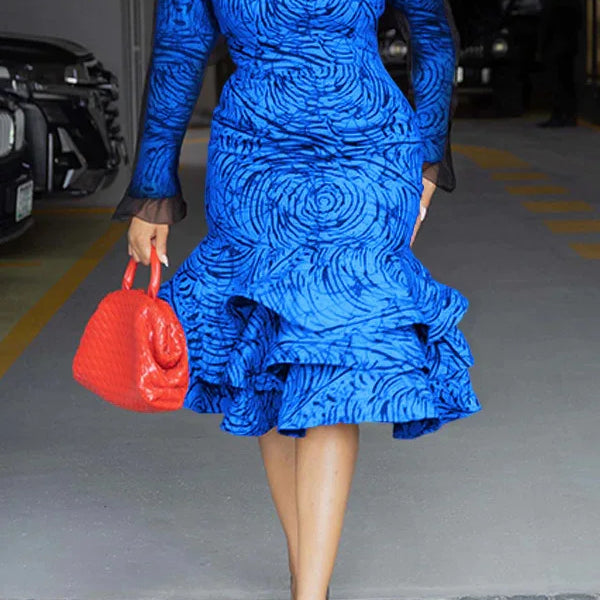 Women Long Sleeve mesh O-neck mult Ruffles Bodycon Midi Dress 2025 Africa OL Work Evening Sexy Party Dresses Vestidos Blue
