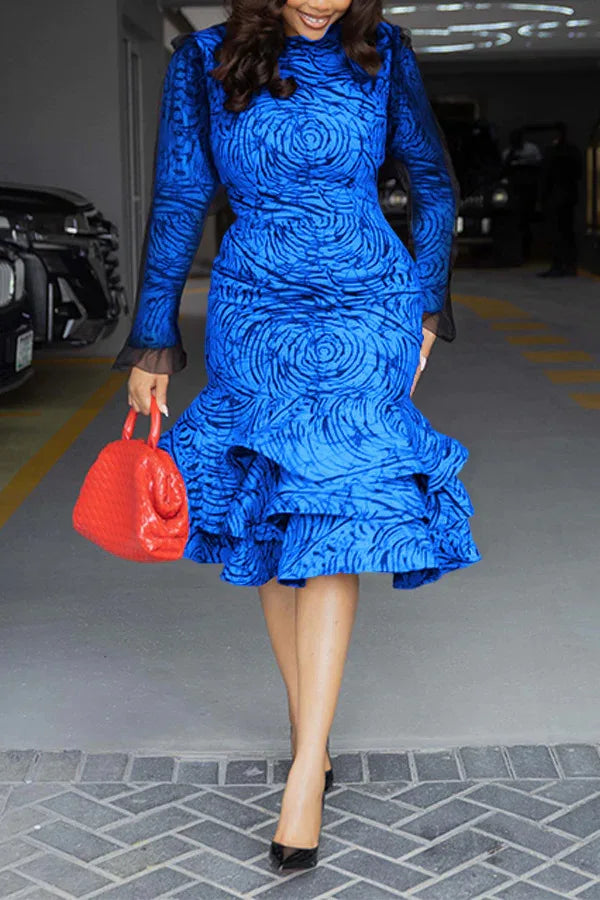 Women Long Sleeve mesh O-neck mult Ruffles Bodycon Midi Dress 2025 Africa OL Work Evening Sexy Party Dresses Vestidos Blue
