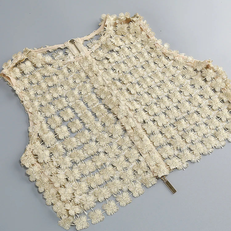 Stylish Beige Sleeveless Cropped Top & Sheer Skirt Set with Zipper for Festival & Party Chic Dress Gown