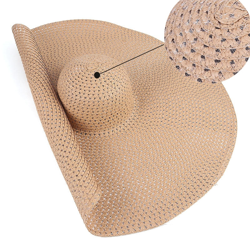 Summer 70cm Large Wide Brim Sun Hats For Women Oversized Beach Hat Foldable Travel Straw Hat Lady UV Protection Sun Shade Hat hollow khaki 54-57cm