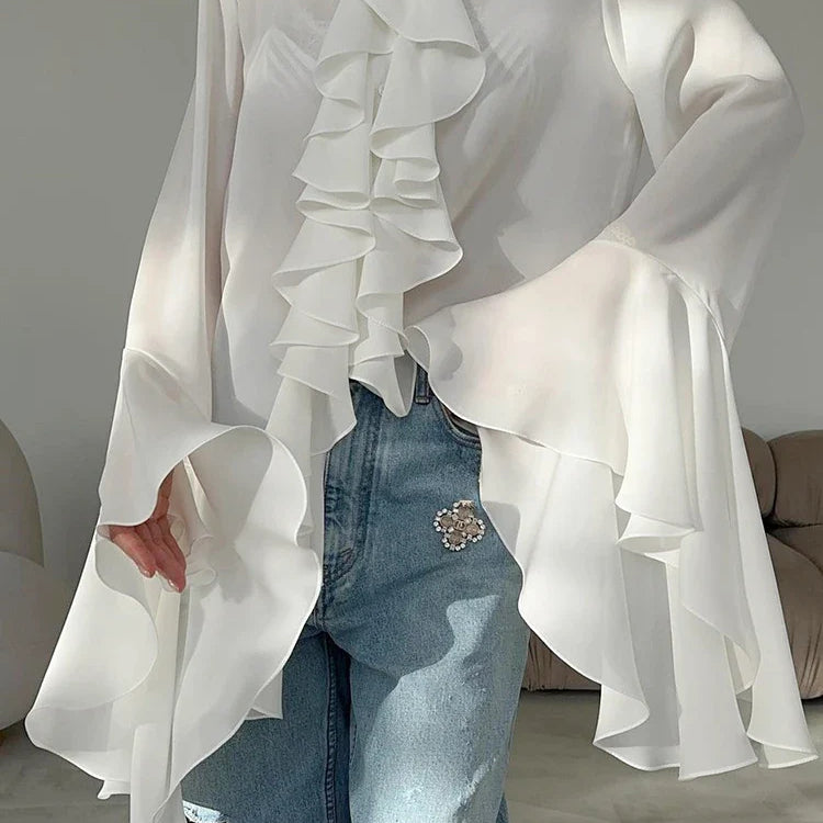 Mnealways18 Chiffon White Ruffled Shirts For Women Flare Sleeve Oversize Laminated Flounces Elegant Blouses And Tops Spring 2024 White