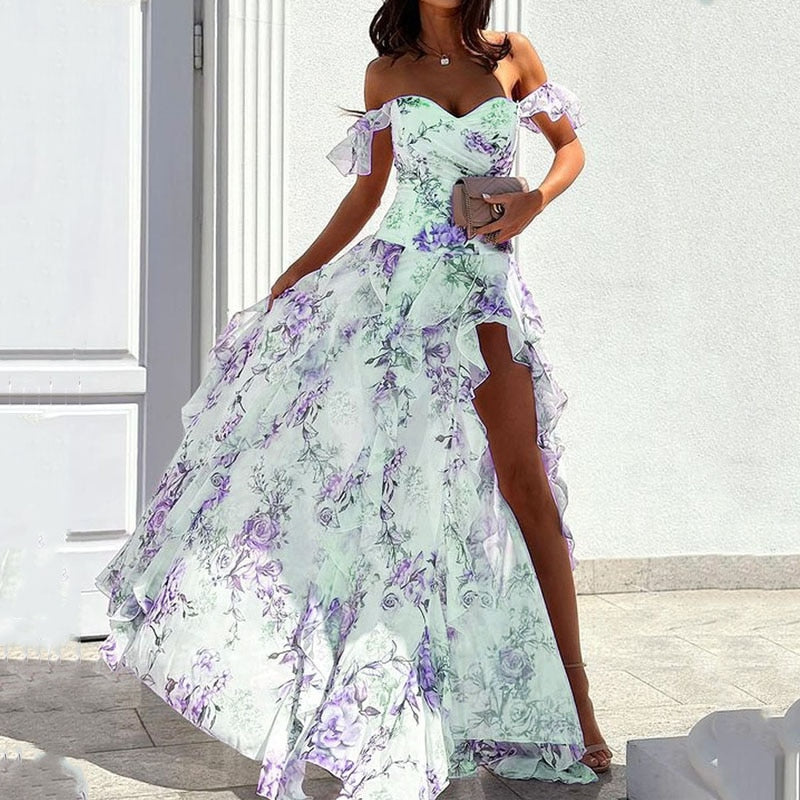 Wefads Women Maxi Dress Summer Elegant Floral Printed Off Shoulder V Neck Slit Ruffled Irregular Nipped Waist Dresses Streetwear 02