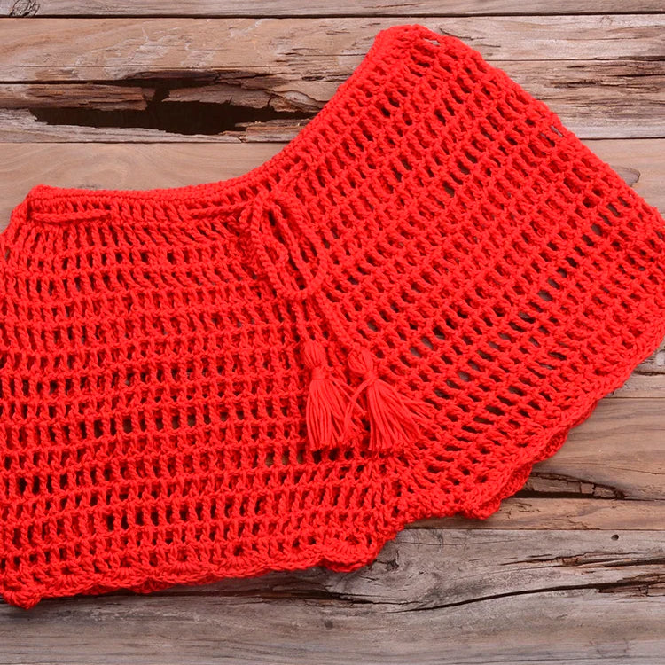 Crochet Hollow Out Tassel Beach Cover Up Sexy Women Mini Tops Beachwear Bikini Swimwear Bathing Suit Cover Up Red Bottom One Size