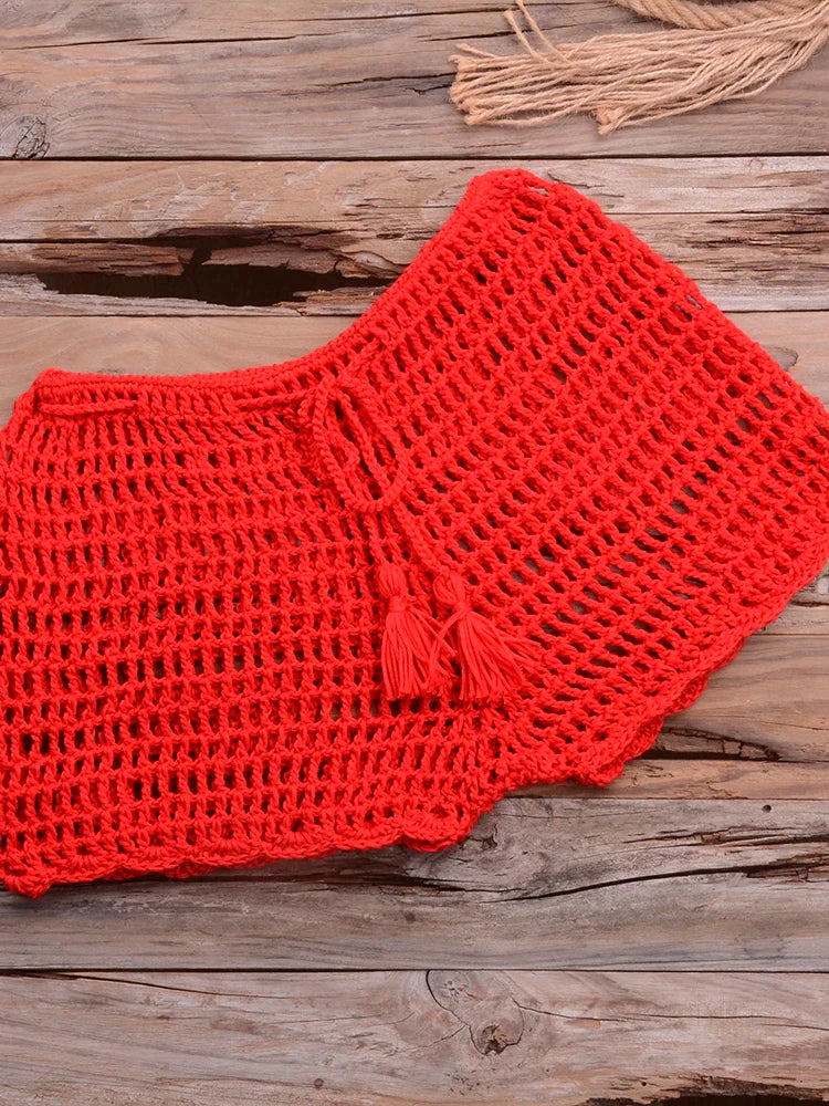 Crochet Hollow Out Tassel Beach Cover Up Sexy Women Mini Tops Beachwear Bikini Swimwear Bathing Suit Cover Up Red Bottom One Size