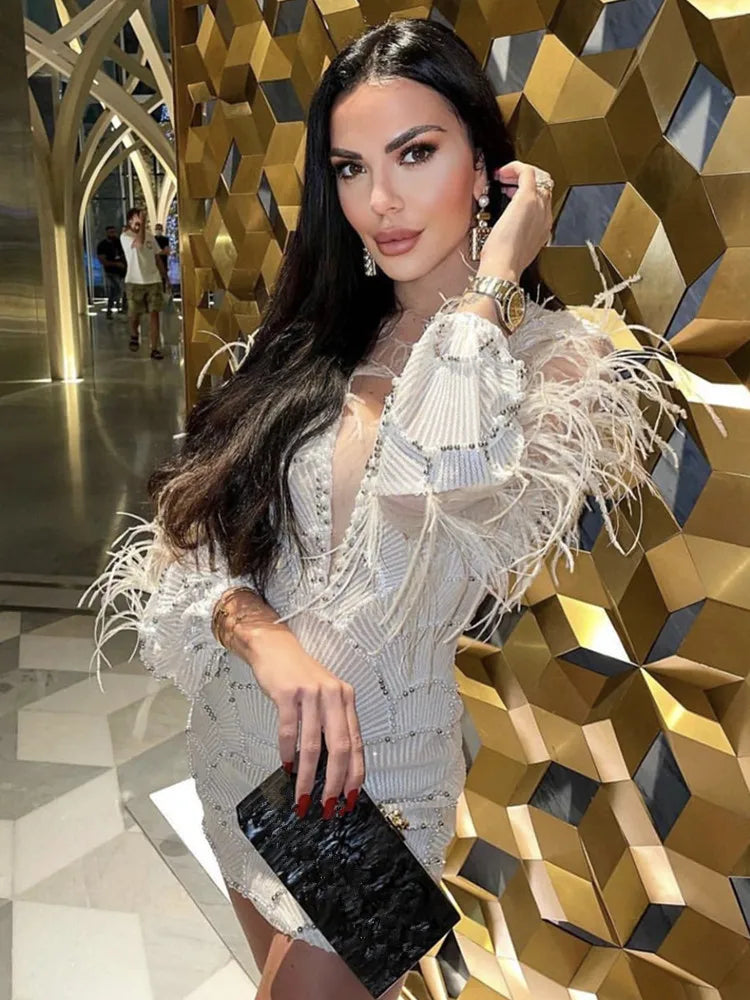 Women Summer Sexy Long Sleeve Beige Sequins Mesh Pearl Feather Mini Bodycon Gowns Dress 2023 Elegant Evening Party Club Dress