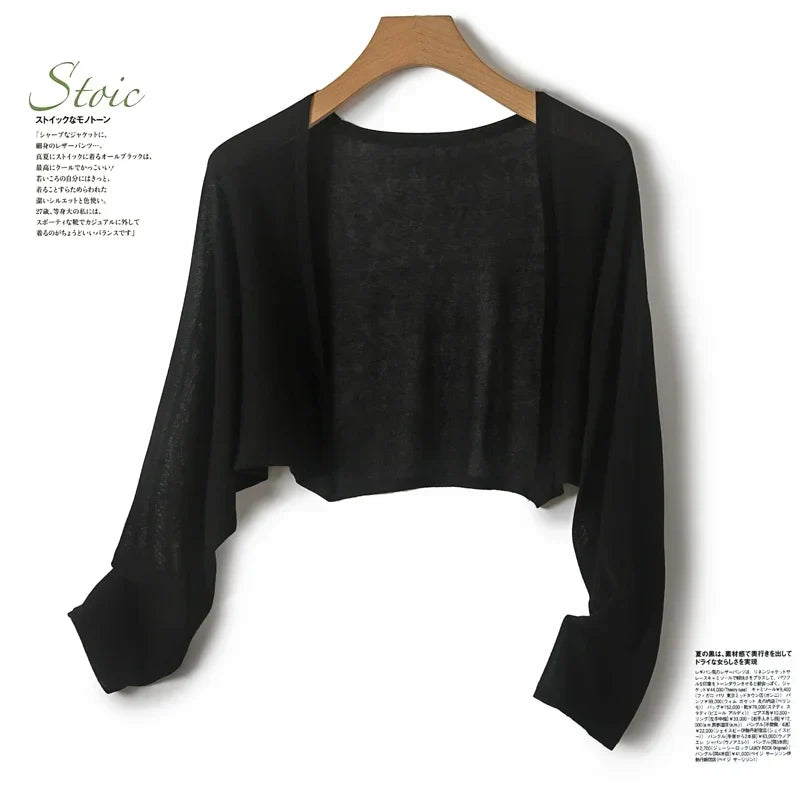 Ice Silk Sun Protection Cover Ups Women Long Sleeve Knitted Shawl Thin Summer Relax Cardigan Cape Outerwear Shirt Loose Freesize Black One Size