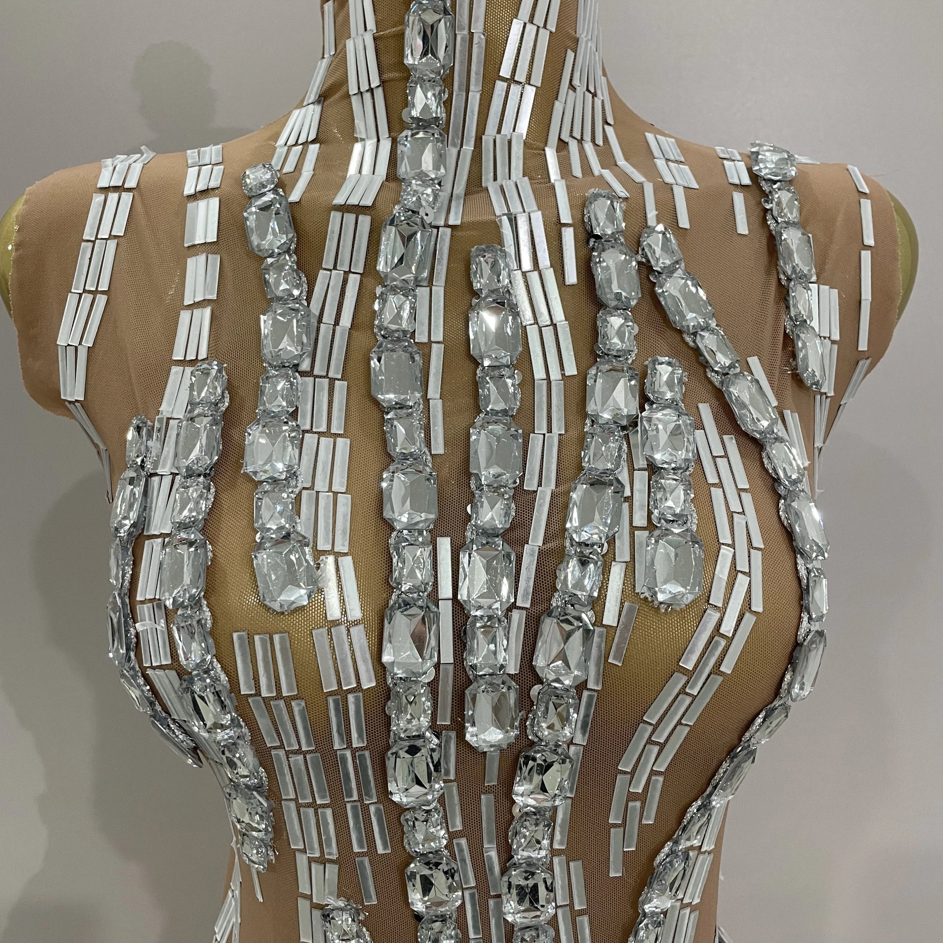 Sparkly Rhinestone Chain Sexy Transparent Sleeveless Bodysuit 2025Women Party Nightclub Team Performance Costume Show Stage Wear