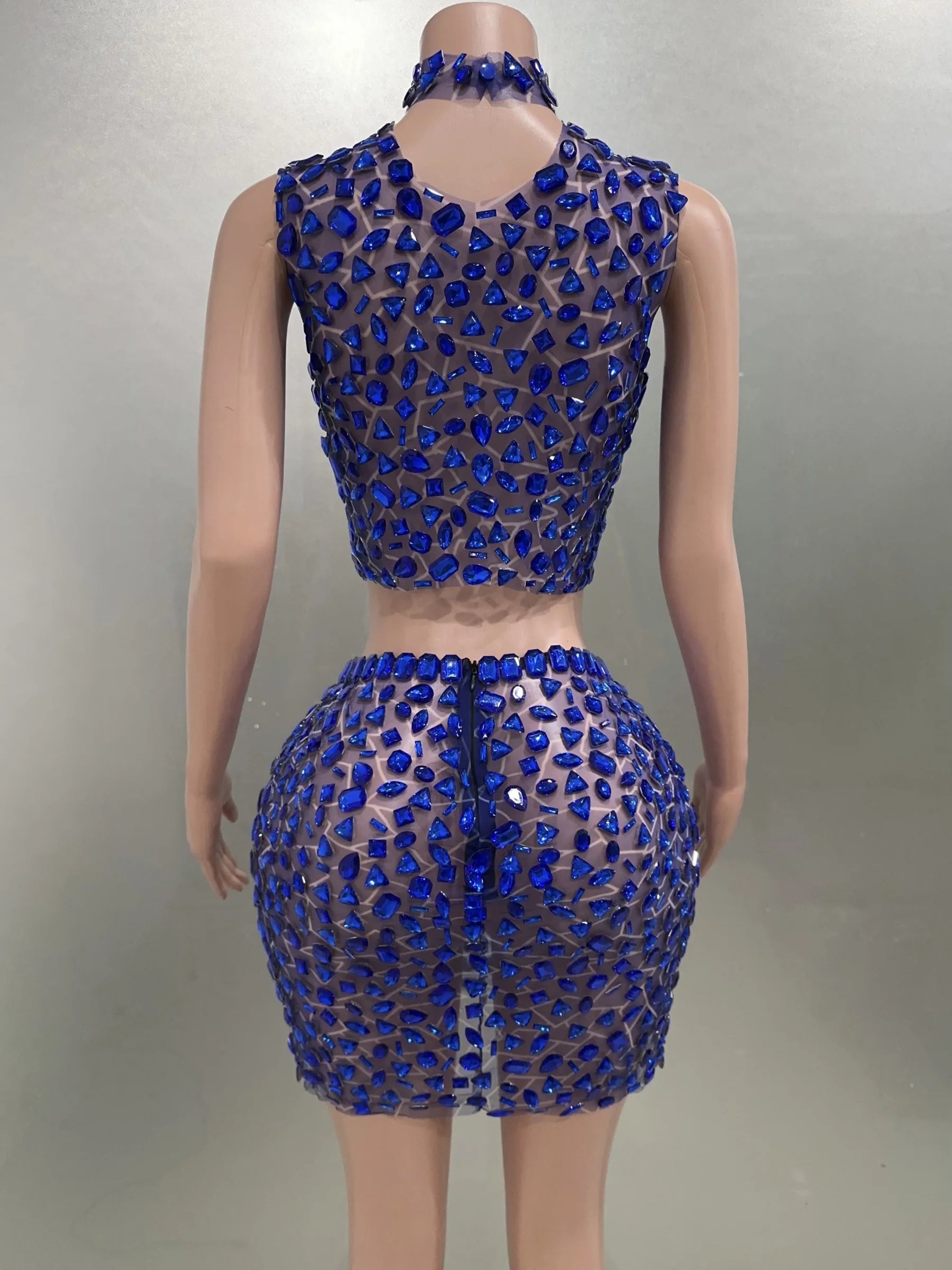 Big Crystal Women Sexy 2 Pieces Mesh See Through Mini Bodycon Dress Performance Costume Celebrate Birthday Party Dress Vestido Blue
