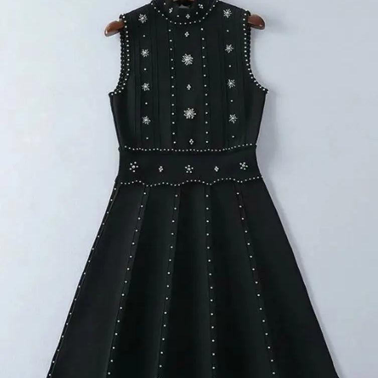 Ailigou New Summer Women's A-line Black Sleeveless Beaded Sexy Elastic Knitted Mini Dress Elegant Celebrity Party Dress