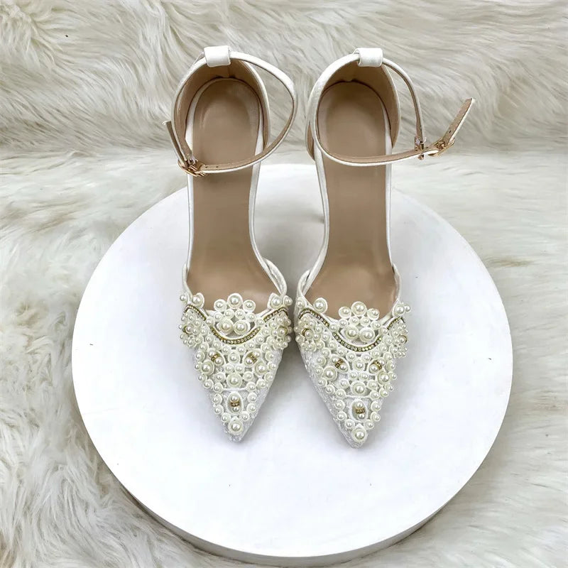 Pearl Mesh Sandals For Women Rhinestones Pointed Toe Lace High Heel Ankle Buckle Strap Fashion Shallow Shoes Plus Size 33-36