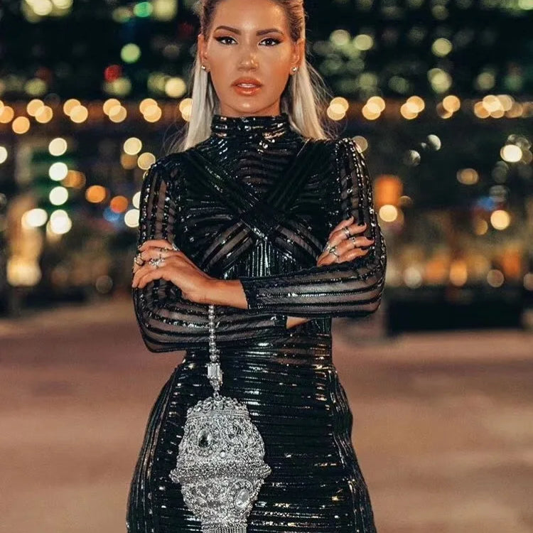 STOCK New Autumn Half High Collar Leather Patchwork Mesh Black Mini Dress Fashion Woman Evening Dress Nightclub Party Outfit