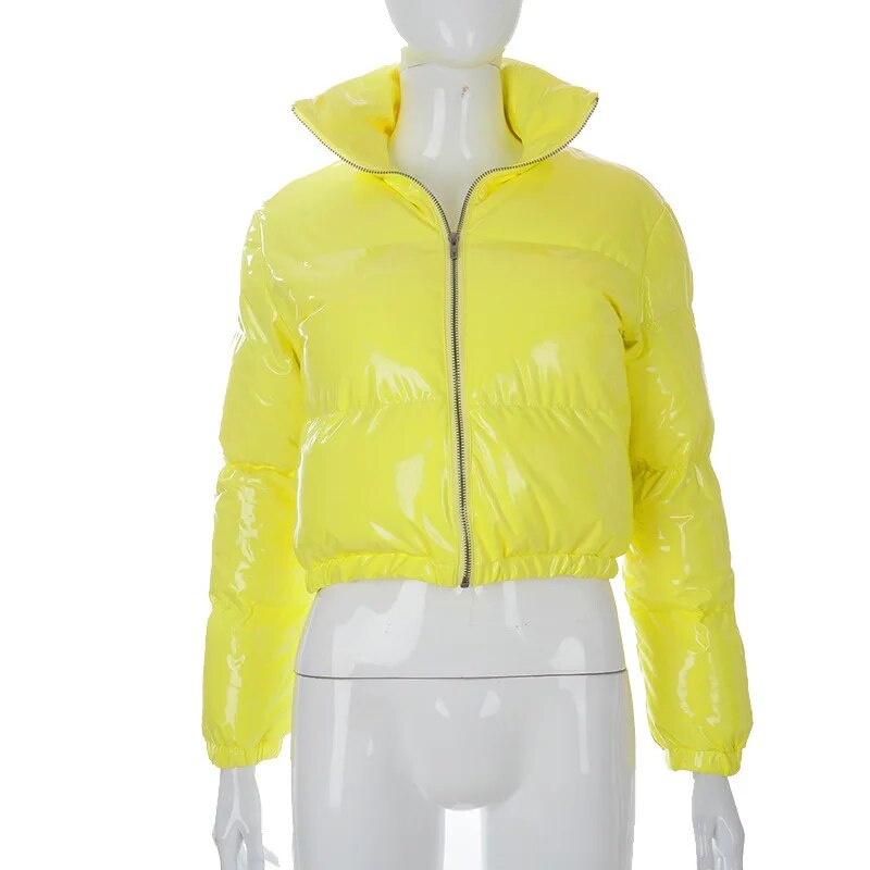Winter New Women's Fashion Solid Color Zipper Bright Surface Warm Cotton-padded Jacket Top Yellow