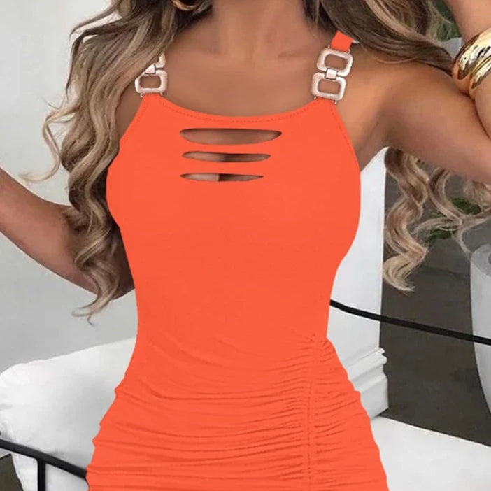 Sexy Women's Dress New Ladder Cutout Slit Buckled Bodycon Dress Solid Color Slim Fit Sleeveless Drawstring Pleated Dress