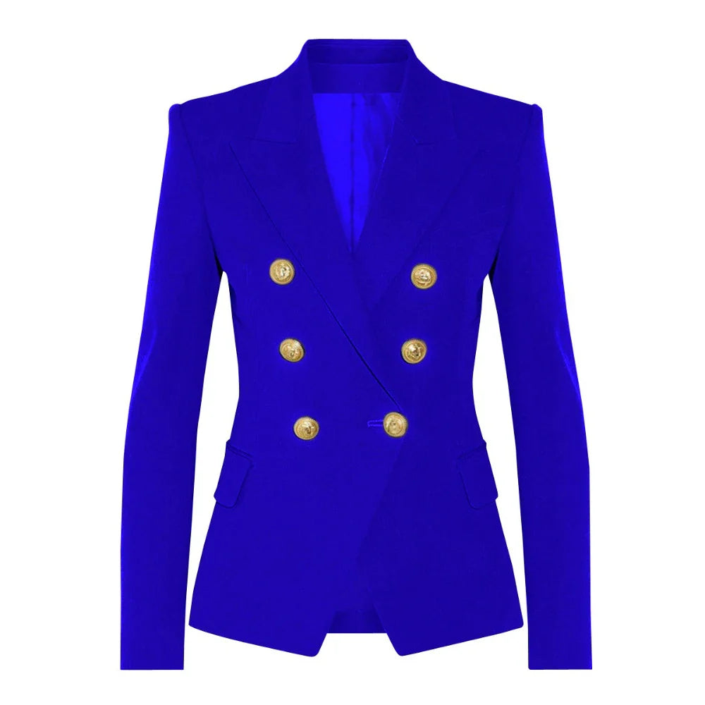 Solid Slimming Fashion Blazer for Women Lapel Long Sleeves Patchwork Double Breasted Elegant Coat Female Clothing BLUE