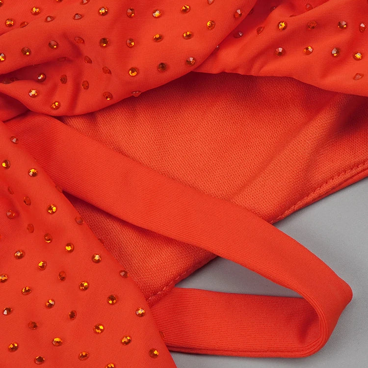 Orange Halter Sleeveless Cut Out Log Dress Diamonds Maxi Bodycon Elegant Party Evening Stage Performance Vestido