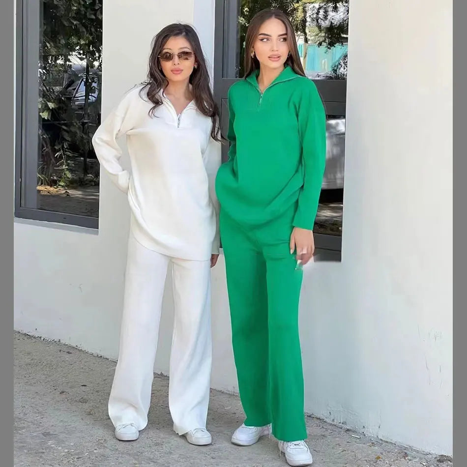 2024 Casual Autumn Loose Knit Sweater Set Fashion Zip Lapel Long Sleeve Pullover Sweater & Straight Pants Two-piece Set