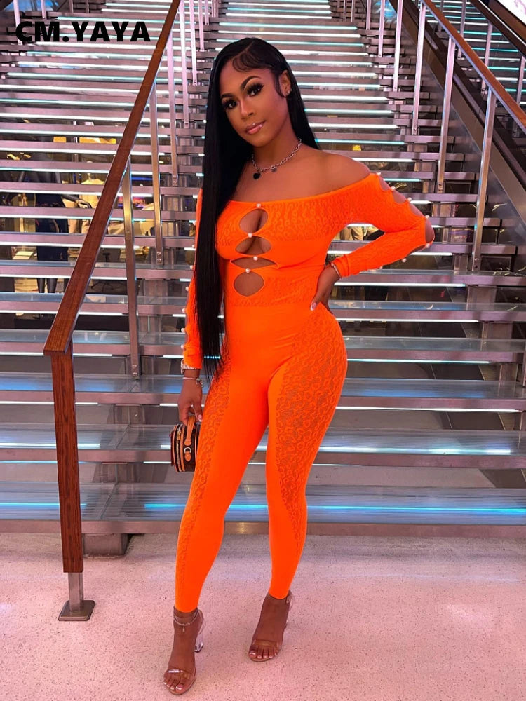 2025 Long Sleeve Sexy Leopard Lace See Through Women’s Jumpsuits Summer Slash Neck Night Club Party One Piece Outfits