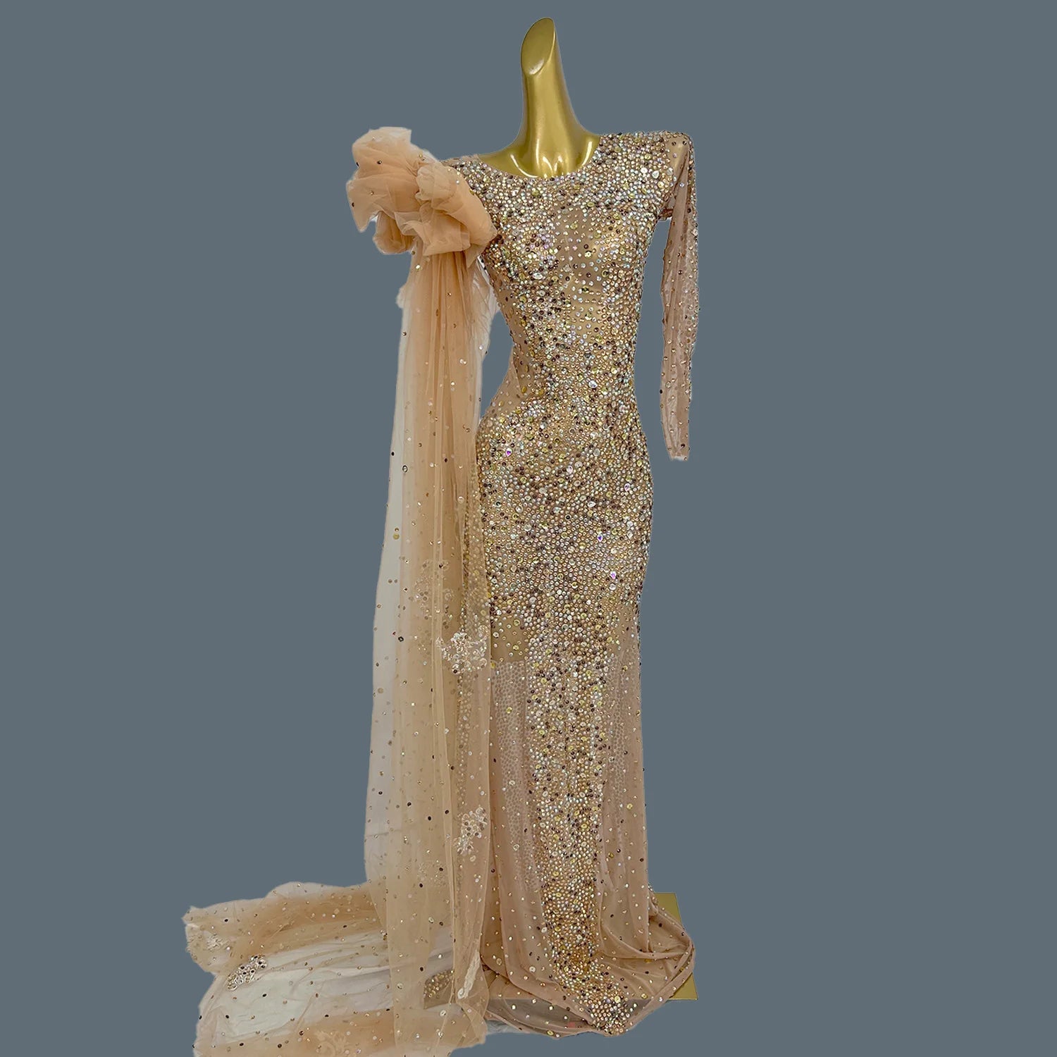 Sparkly Crystals Luxury Sheer Mesh Evening Gown Sexy Women Gauze Long Dress Birthday Wedding Prom Party High-end Outfit Shacha Khaki