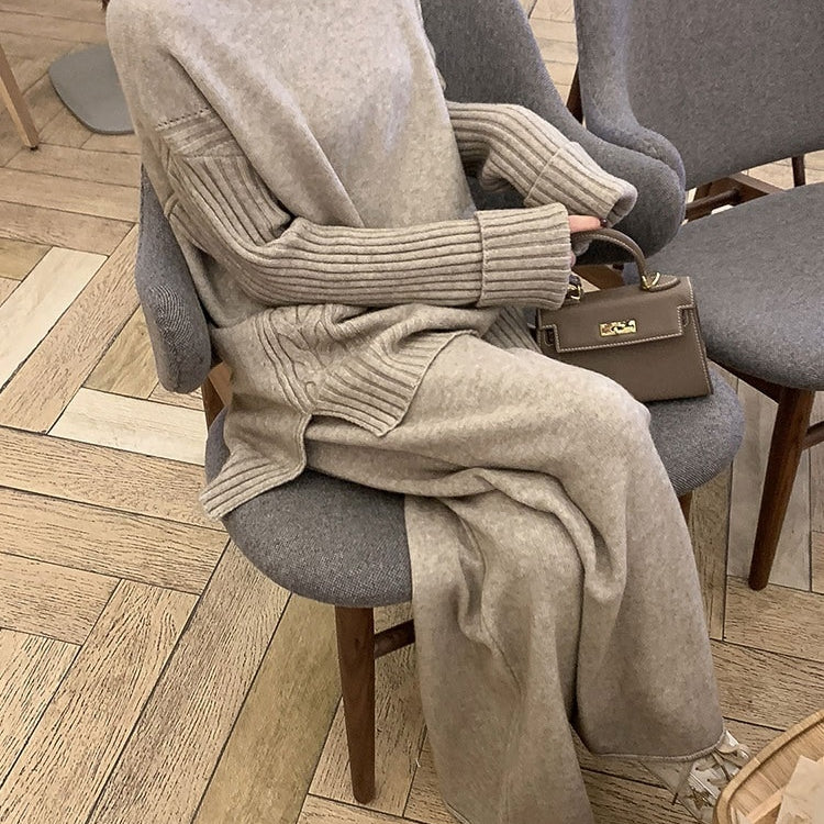 Sweater Set Women Tracksuit Spring Autumn Knitted Suits 2 Piece Set Warm Turtleneck Sweater Pullovers Wide Legs Pants