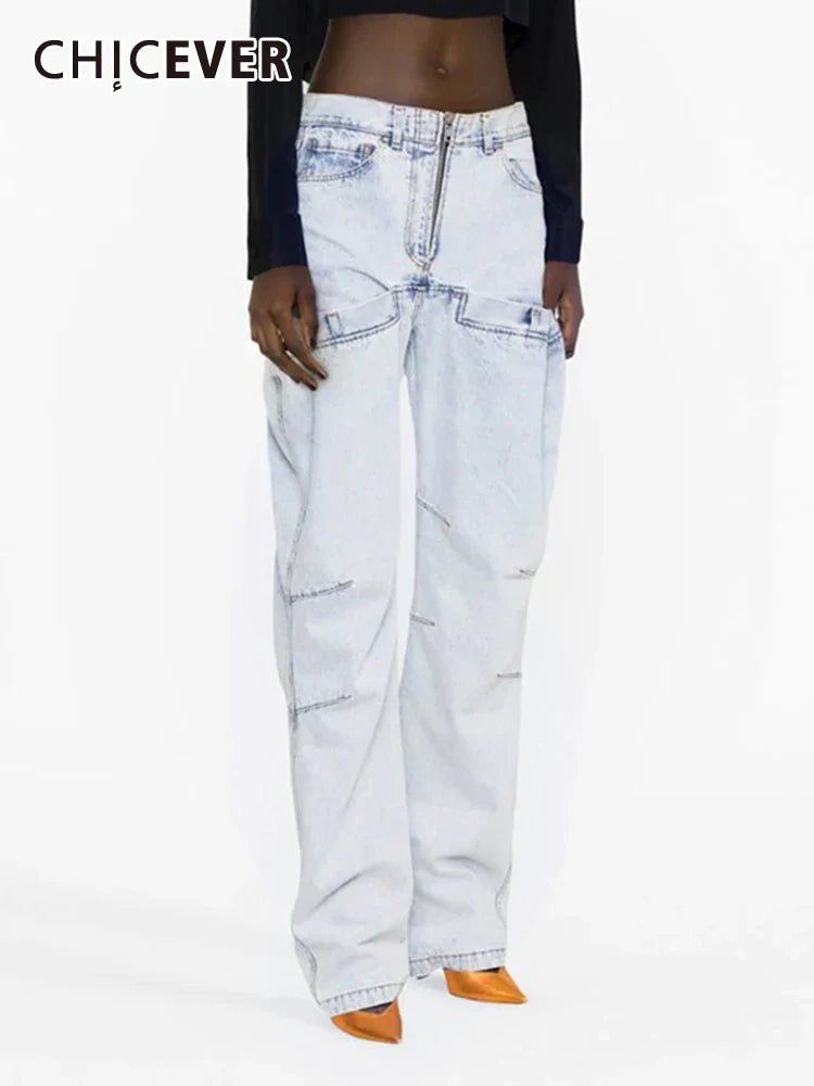 CHICEVER Minimalist Loose Denim Trouser For Women High Waist Patchwork Pockets Irregular Casual Solid Pant Female Summer Clothes