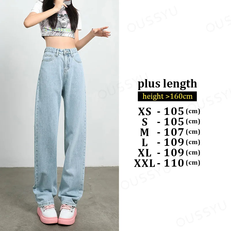 Jeans Women's High Waist Straight Wide Leg Cotton Y2K Denim Clothing Streetwear Vintage Fashion Pants Blue White Leisure Trouser Light blue-plus