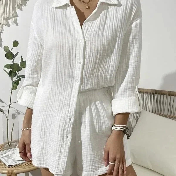 100% Cotton Gauze Muslin Sets For Women 2 Pieces Long Sleeve Shirts And Loose High Waist Mini Shorts Sets Ensemble Femme white