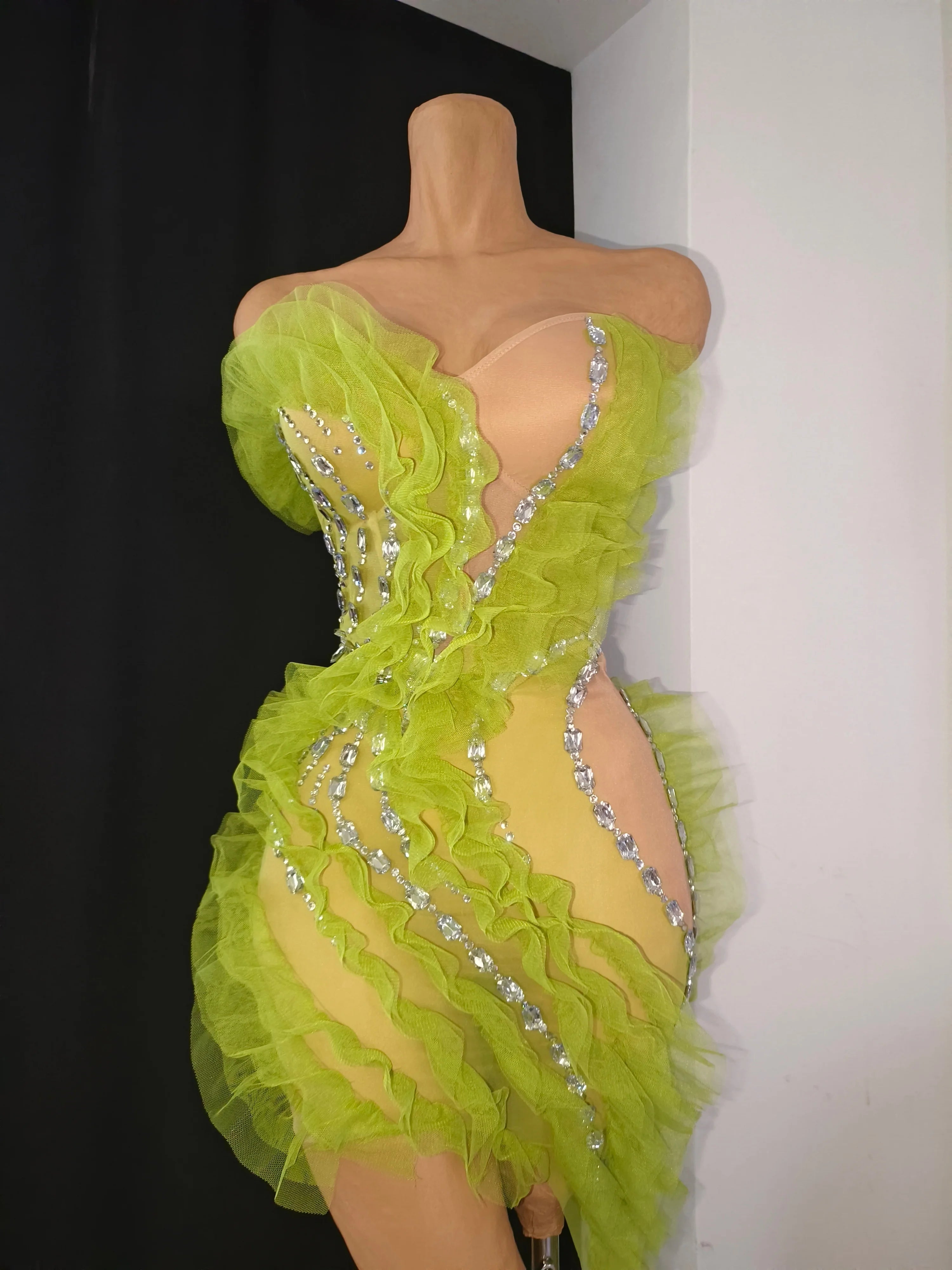 Sparkly Green Sheer Mesh Flowy Ruffle Crystal Rhinestone Dress Slim-fit Nightclub Party Stage Performance Clubwear Outfit