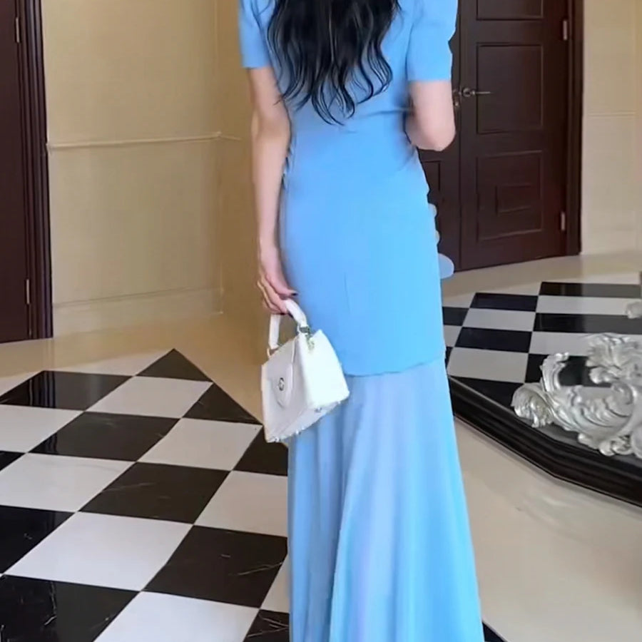 Hit Color Spliced 3D Flower Elegant Dresses for Women Round Neck Short Sleeves Patchwork Folds Sheer Dress Female